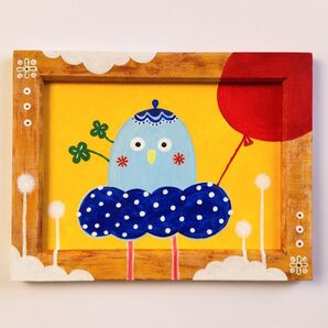 絵画 原画『赤い風船を見せるキミ』額付き 鳥 小鳥 風船 可愛い メルヘン