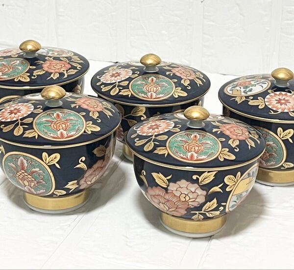 有田焼 清九窯 清右衛門作 金襴手牡丹菊花文煎茶器揃 蓋付湯呑 金彩