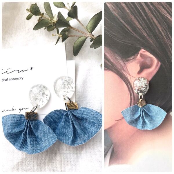 ハンドメイド*シルバーカボション×デニム風タッセルのピアス&イヤリング
