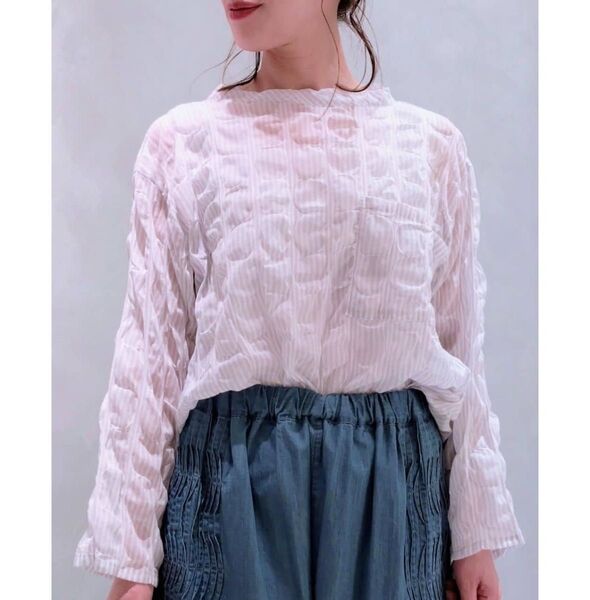 24ss*Plantation プランテーション 綿100% リップル加工 ブラウス M ドット柄 ライトグレー 製品洗い シアー