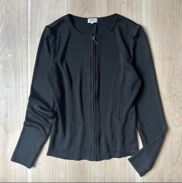FOXEY BOUTIQUE フォクシーブティック 黒 ブラック サマーニットカーディガン 42 羽織 ジップアップ ストレッチ性