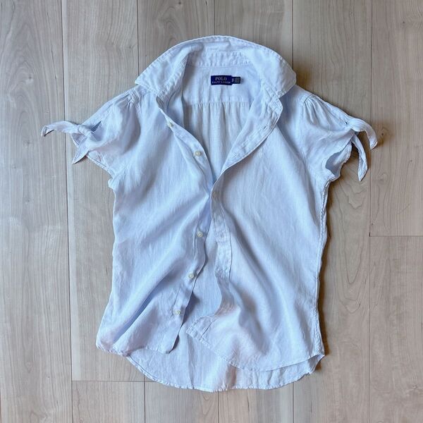 美品*POLO RALPH LAUREN ポロラルフローレン 麻 リネン 半袖ブラウス 水色 ブルー XS 袖結び ポニー刺繍