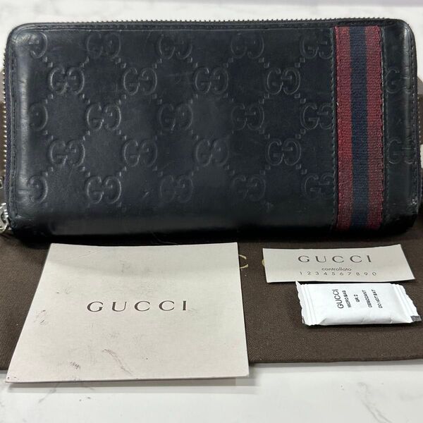 超美品! グッチ GUCCI 財布 長財布 シマレザー シェリーライン ラウンドファスナー