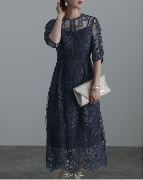 【美品】 POURVOUS プールヴー ワンピース ロング丈 結婚式 二次会 ギャザースリーブバックリボンワンピース ネイビー M