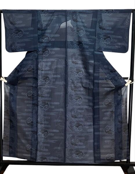 夏着物 紗紬 十日町 夏大島 小紋 正絹 雪輪 ヱ雲 吉祥文様 居敷 イ5800