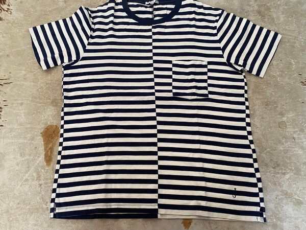Uniqlo JW ANDERSON Tシャツ XL 白 紺 ボーダー アシンメトリー 綿 COTTON 中古 USED コラボ