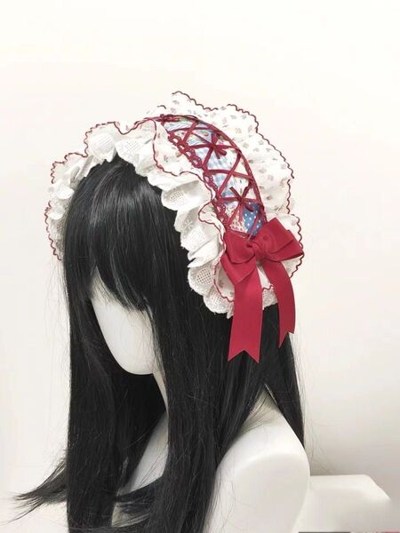 レース×赤リボンヘアバンド ロリータヘアアクセ ヘッドドレス 甘ロリ 姫系コーデ