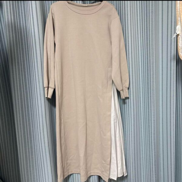グレー ドレープデザイン 長袖ワンピース S ロング丈