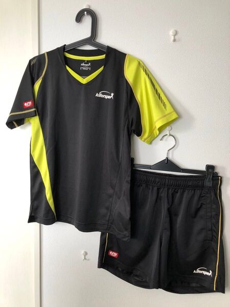 卓球 ユニフォーム killerspin 上下セット 黒×黄 男女兼用 シャツS パンツL 公式赤タグ付 バラ売り可