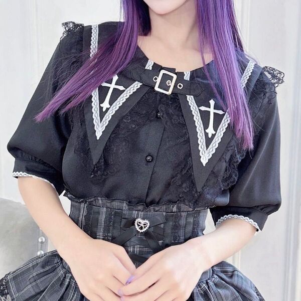 美品 MARS マーズ BIG襟クロス刺繍ブラウス MA*RS ブラック プリメロ 黒