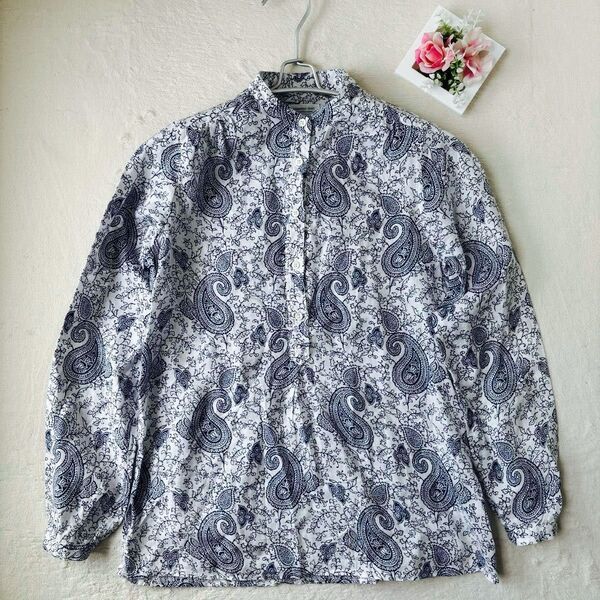 【美品】鎌倉シャツ リネン麻100%ペイズリー バンドカラープルオーバーブラウス