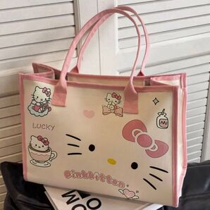 キャンバス コットン ショルダーバッグ トートバッグ 可愛いハローキティ柄チャック付き