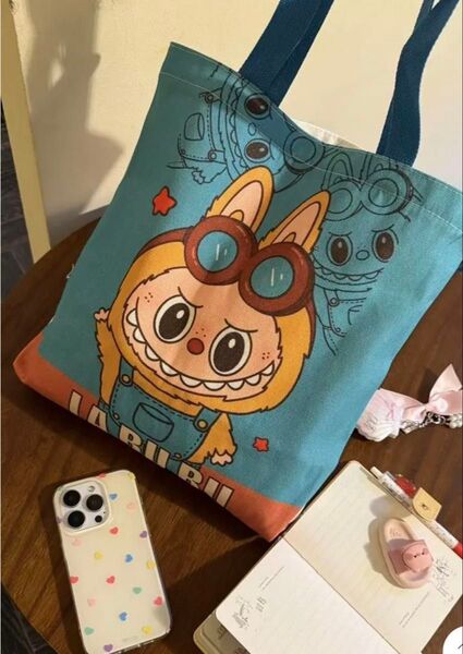 キャンバス コットン ショルダーバッグ トートバッグ 可愛いラブブ柄チャック付き