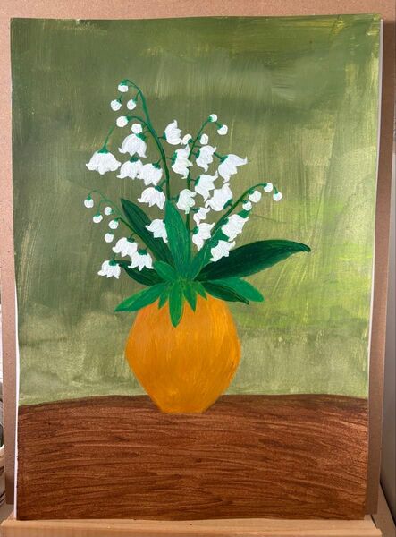 水彩画(手書きの原画)鈴蘭の花と花瓶、A4サイズ