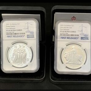 【2枚セット】2021 イギリス セントヘレナ ウナとライオン スリーグレイセス1ozプルーフ銀貨 PF69UC エリザベスコイン