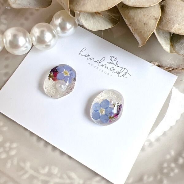 No.1235 ハンドメイド 勿忘草 紫陽花 押し花 鉱石 レジン ピアス イヤリング