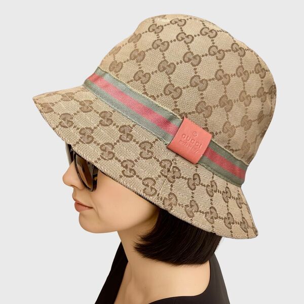 【美品】GUCCI グッチ GGキャンバス バケットハット 男女兼用 帽子 シェリーライン