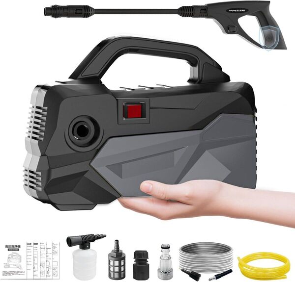 高圧洗浄機 超軽量2.85kg12MPa ミニ高圧洗車機 小型 低騒音 IPX5防水 コンパクト収納 日本語取扱説明書 グレー