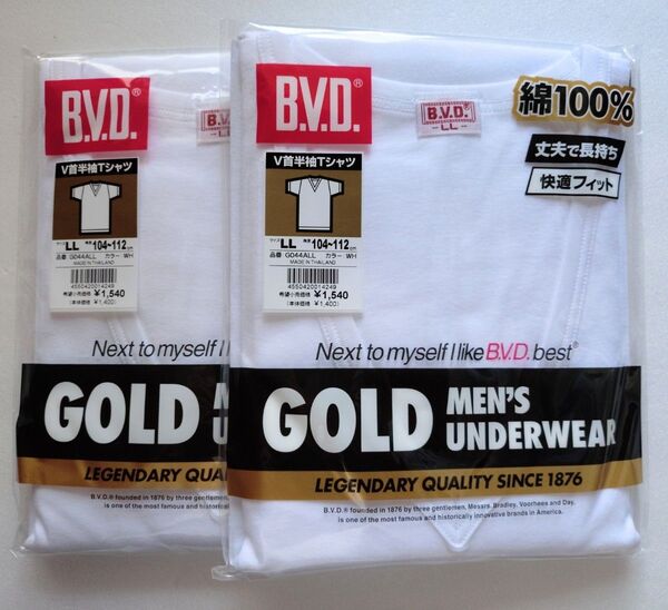 BVD GOLD V首半袖Tシャツ ホワイト 綿100% LLサイズ 2枚セット 【新品・未開封発送】