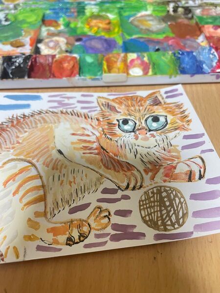 手描きの猫の絵 水彩画 手のひらサイズ