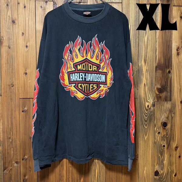 XL ハーレーダビッドソン ビンテージ加工長袖Tシャツ ファイヤーパターン ロンT フレイム HARLEY DAVIDSON