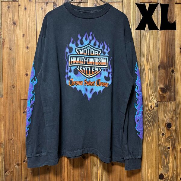 XL ハーレーダビッドソン ビンテージ加工長袖Tシャツ フレイム ファイヤー ロンT カニエウエスト ブラックピンク