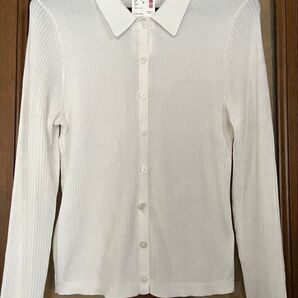 【新品未使用】UNIQLO リブポロカーディガン M ホワイト シアーカーディガン タグ付き