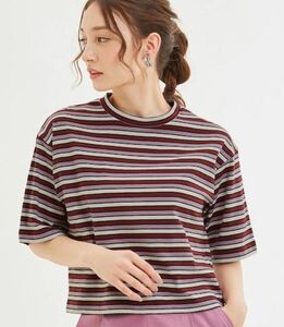 新品　M　Tシャツ　GU　５分袖　ボーダー　ピンク系　トップス　レディース　マルチボーダークロップドT(5分袖)+EC