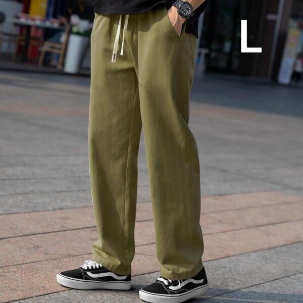 人気 メンズ ワイドパンツ カーキ L ゆったり 綿100% サルエル風 軽量 ズボン イージーパンツ パンツ