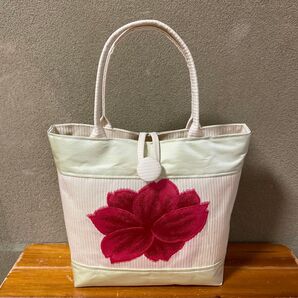 帯リメイクバッグ グリーン・ホワイト 一点柄 ハンドメイド