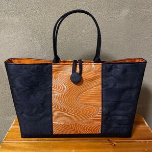 帯リメイクバッグ(大)オレンジ・ブラック ハンドメイド 帯リメイク