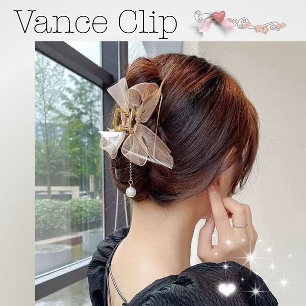 ヘアクリップ バンスクリップ チュールリボン 韓国 パール まとめ髪 ベージュ アップヘア 上品 可愛い ヘアアクセ