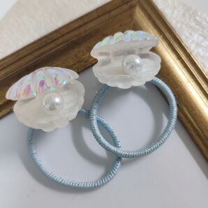 【Smile box】シェルデザインヘアゴム ラメブルー 水色 2本セット