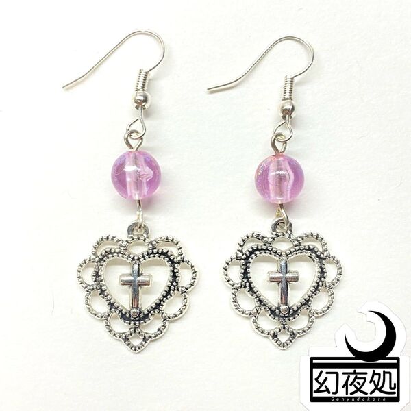 ハート クロス ピアス ハンドメイド 十字架 ゴシック フックピアス サブカル ダーク ゴスロリ アンティーク 幾何学 ビーズ