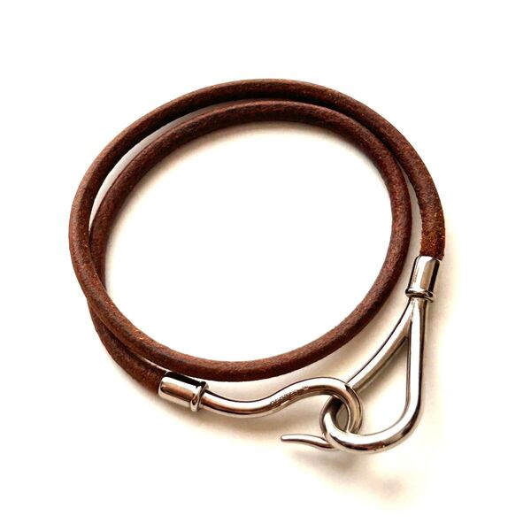 【エルメス】ジャンボブレスレット チョーカー シルバー金具 2連 レザー HERMES シルバー金具 ブラウン系 レザー