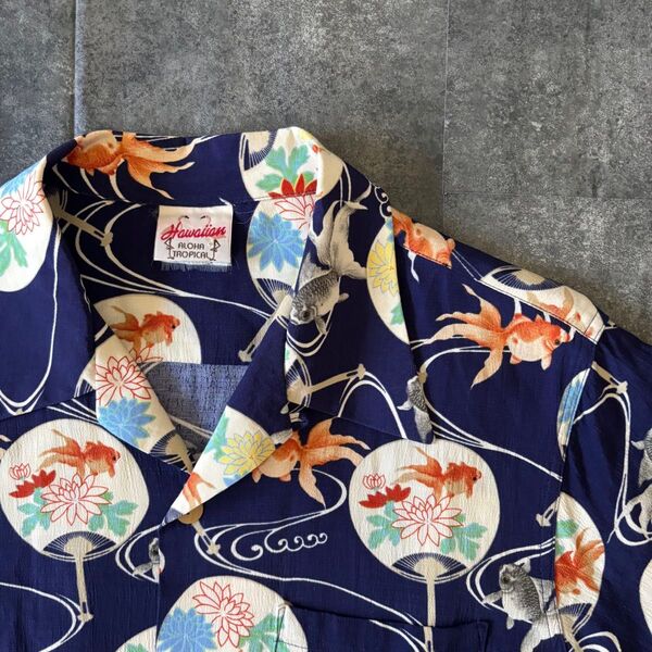 【00’s】アロハシャツ 金魚と花柄 和柄 ネイビー 半袖 M レーヨン
