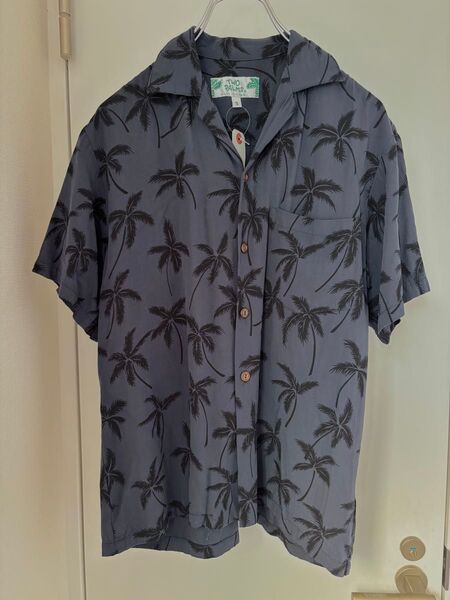 TWO PALMS パームツリー柄 オープンカラー アロハシャツ総柄シャツ 半袖シャツ S 黒ヤシの木