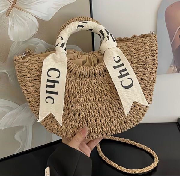 週末SALE!【新品】かごトートバッグL ストローショルダーバッグ手提げバッグ夏 ブラウン