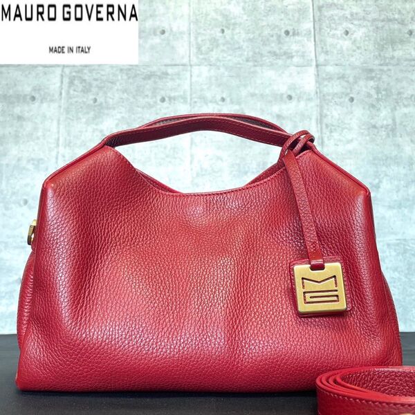 美品 MAURO GOVERNA マウロゴヴェルナ ルビーレッド 2WAY ハンドバッグ トートバッグ レザー ゴールド金具