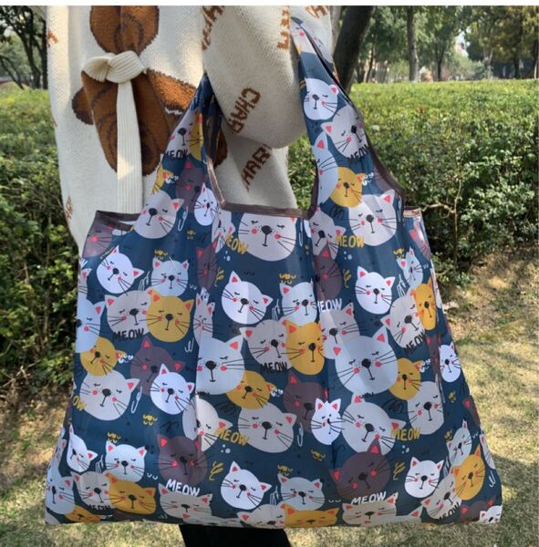 コンパクト収納 猫柄 エコバッグ 大きめ 買い物袋 折りたたみ 猫ちゃん柄 大容量 手提げ袋 ショッピングバック レジ袋