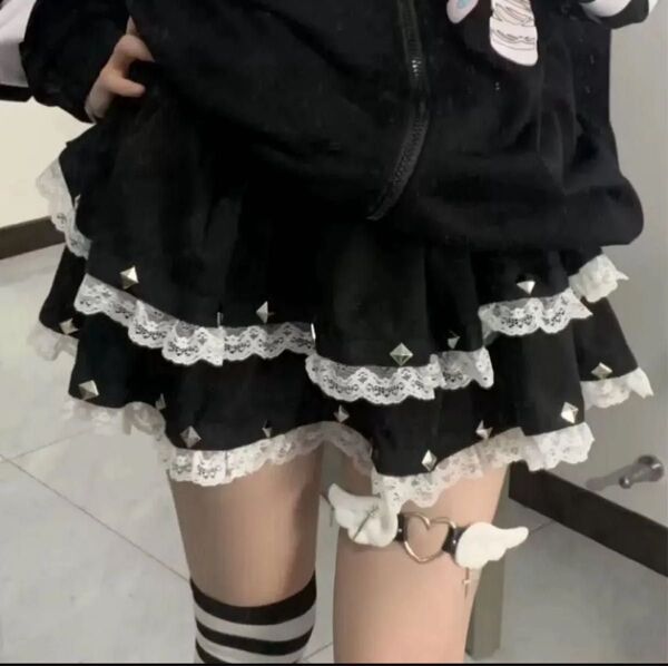 フリルスカート 黒 レース ミニスカート カシメ メンヘラ 地雷系 プリーツ 病みかわ イベント コスプレ