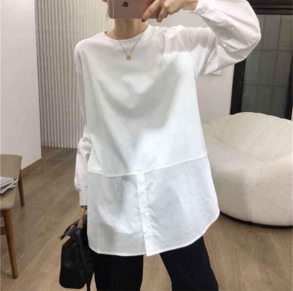 新品未使用 Tシャツ トップス ホワイト チュニック カットソー L 大人気 長袖 おしゃれ 韓国 おしゃれ レイヤード
