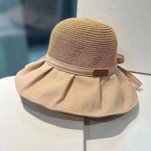 ストローハット ハット 麦わら帽子 リボン 帽子 茶色 つば大きめ UVカット 無地 調整紐 日焼け防止 ワイヤー入り