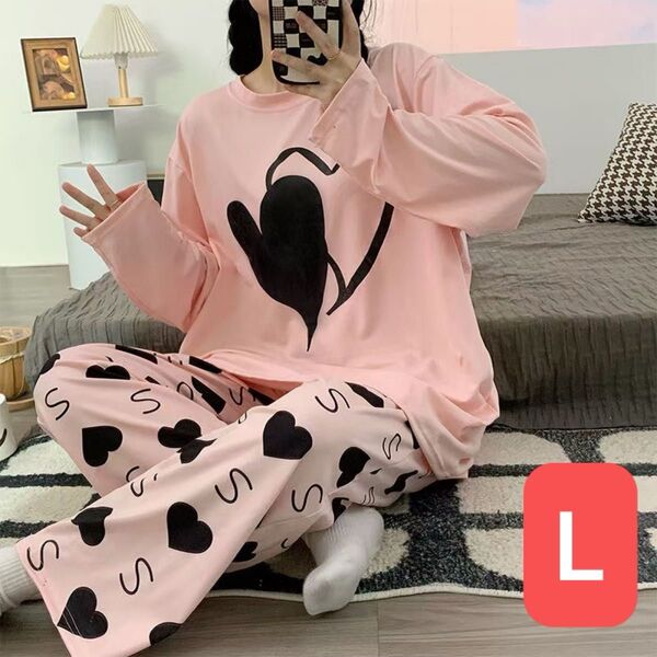 パジャマ ルームウェア 長袖 部屋着 ルームウエア ナイトウェア セットアップ 上下セット 可愛い ピンク L 薄手 ゆったり