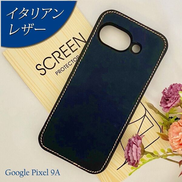 Google Pixel 9aケース 牛本革 イタリアンレザー:ネイビー ☆おまけガラスフィルム付き