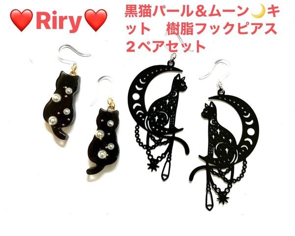 黒猫パール&ブラックムーンキャット 樹脂フックピアス2ペアセット 黒猫 猫 ねこピアス