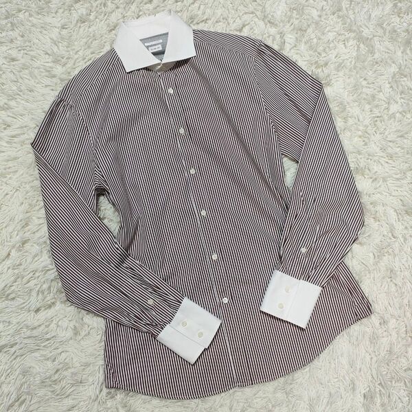 【美品】BRUNELLO CUCINELLI ブルネロクチネリ クレリックシャツ カッタウェイ ストライプ ブラウン メンズ M