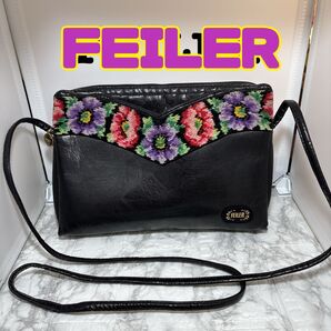 FEILER フェイラー ショルダー バッグ 花柄 刺繍 レザー ブラック