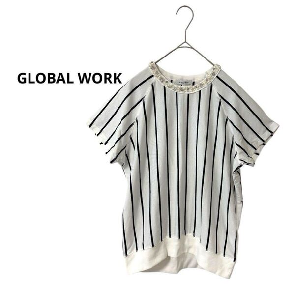 グローバルワーク GLOBAL WORK 半袖カットソー ストライプ ビジュー