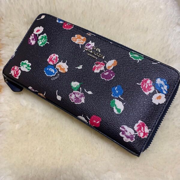 コーチ 花柄 長財布 ラウンドファスナー COACH ネイビー 収納多数